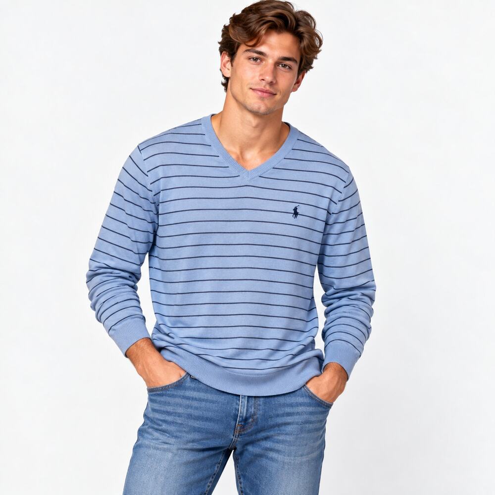 Polo by Ralph Lauren 100% Pima Cotton Sweater Men's L V-Neck Blue Soft Preppy